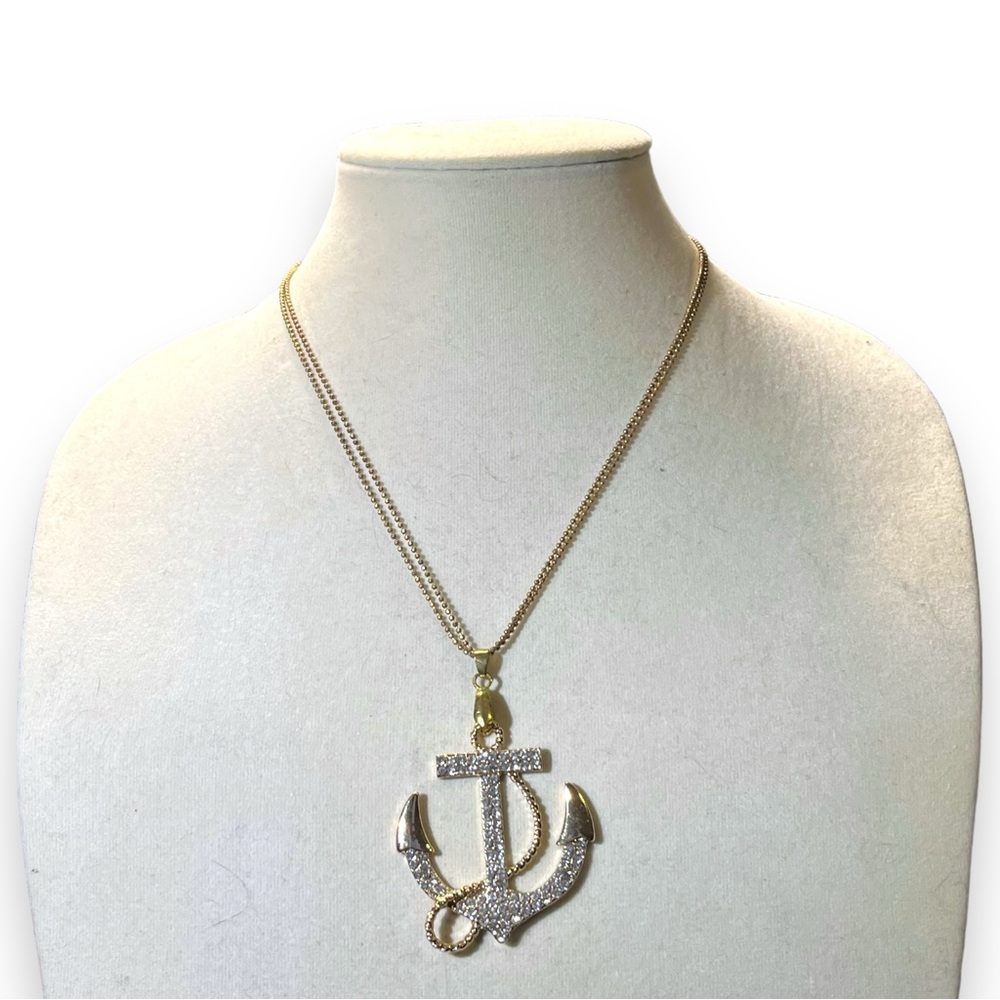 Vintage Nautical Rhinestone Anchor Pendant Double-strand Necklace